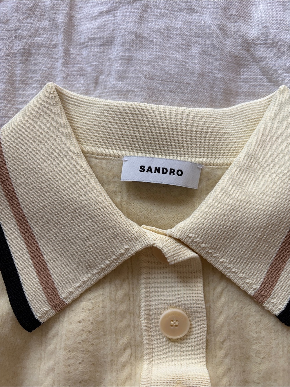 Sandro Pale Yellow Polo Knit with Navy & Tan Trim - Picture 2 of 7